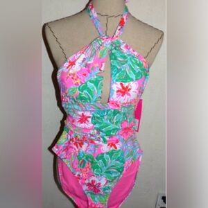 Lilly Pulitzer Pink Tropical Halter Keyhole One-Piece Swimsuit